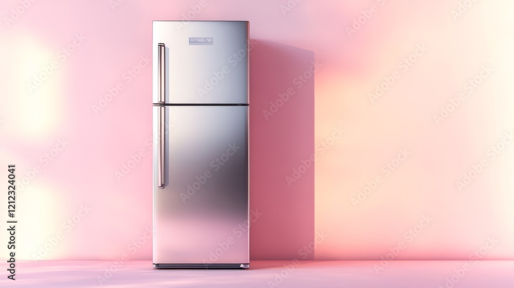 A stainless steel refrigerator with smooth, clean lines, illuminated by soft, natural light, against a light pastel peach background, 3D render A stainless steel refrigerator with smooth, clean lines, illuminated by soft, natural light, against a light pastel peach background, 3D render
