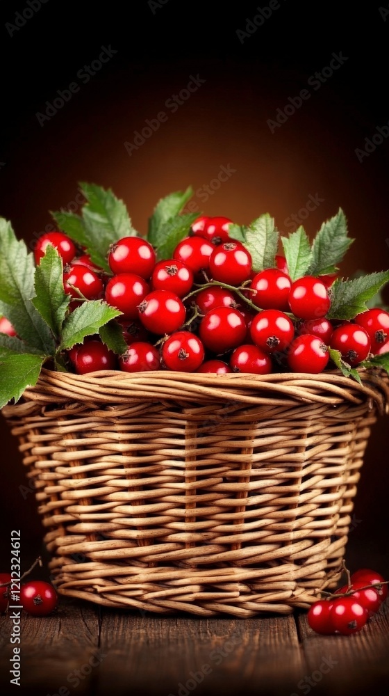 A woven basket filled with red berries and green leaves, set against a dark background. A woven basket filled with red berries and green leaves, set against a dark background.