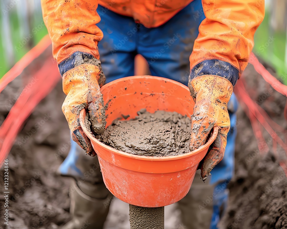 Obraz premium Closeup of a worker mixing concrete for setting fence posts, foundational work, Gate fence installation, stable and secure