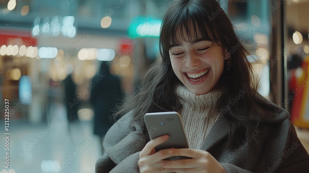 Fototapeta premium Joyful Young Woman Using Smartphone in Shopping Mall