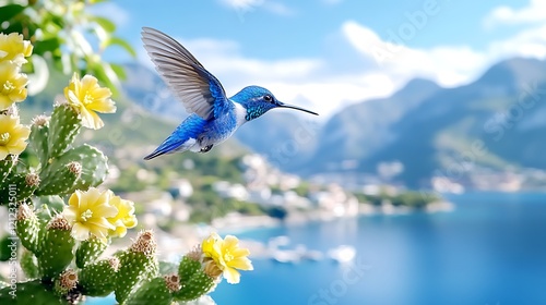 Blue Hummingbird in Flight  Yellow Cactus Flowers  Coastal Landscape
