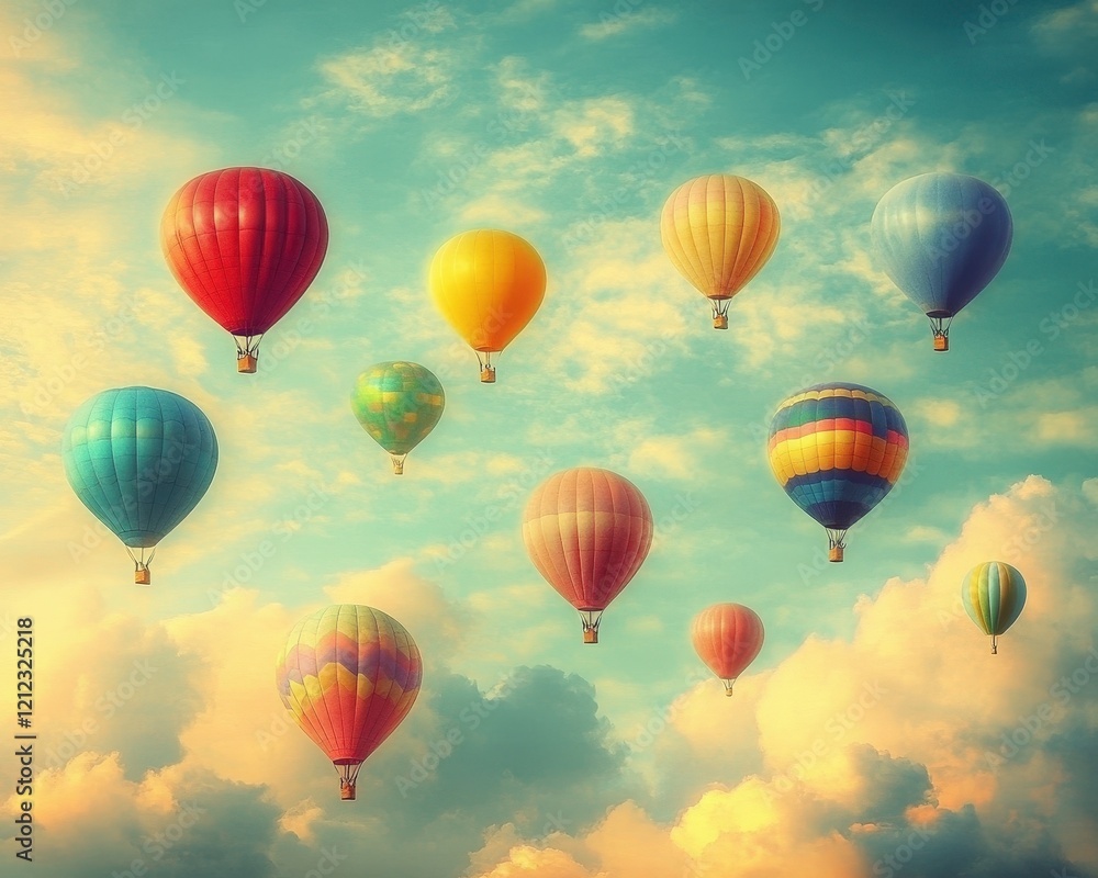 Naklejka premium A colorful scene of hot air balloons floating in a serene sky among fluffy clouds.