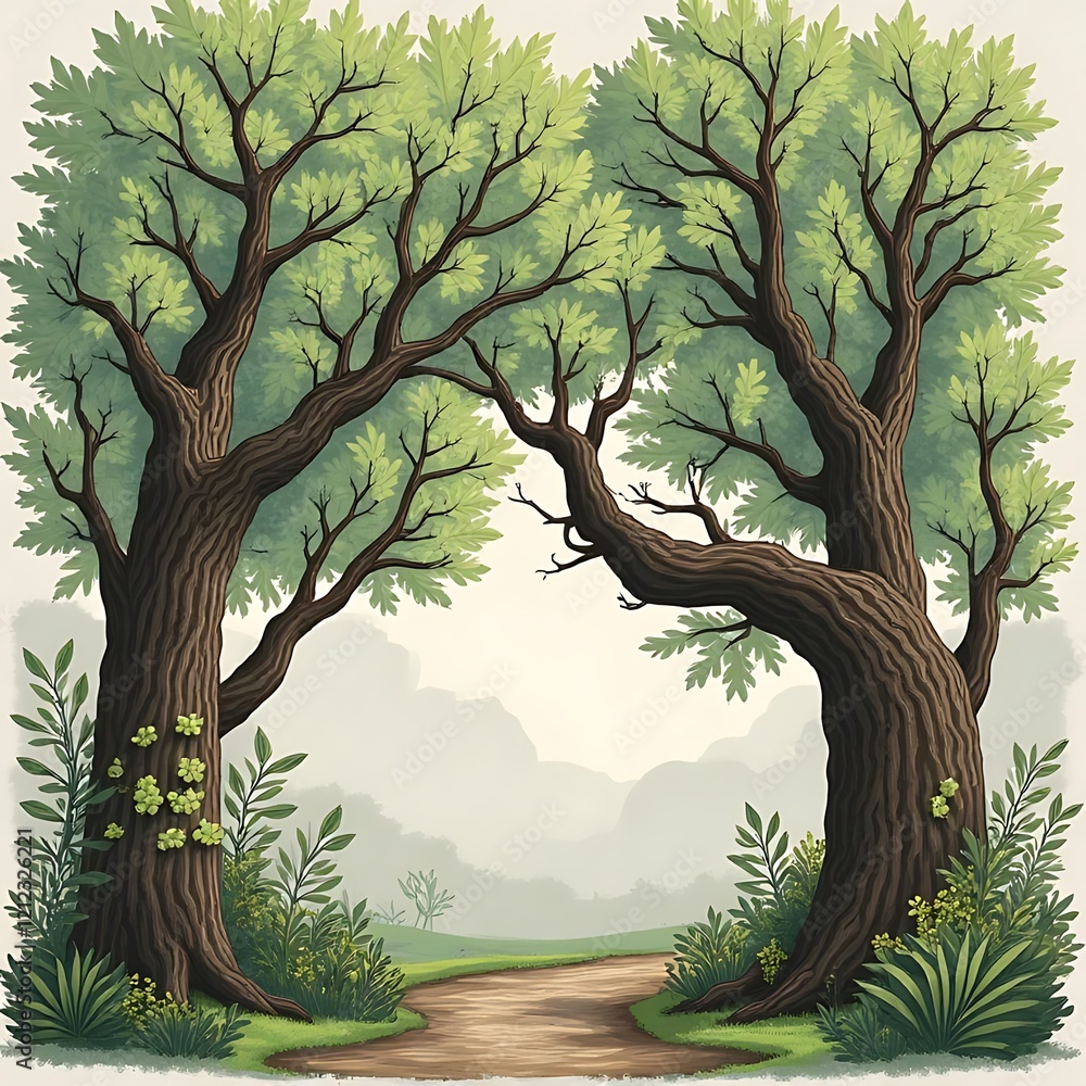 Naklejka premium A Path Through the Trees: A winding path leads through a verdant forest, framed by two majestic oak trees. The lush greenery evokes a sense of peace and tranquility.