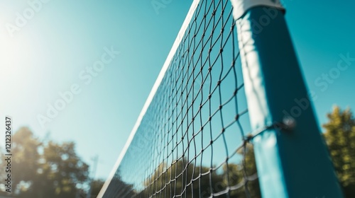 A volleyball court with a focus on the volleyball net tensioner, outdoor setting under clear skies, Bold style photo