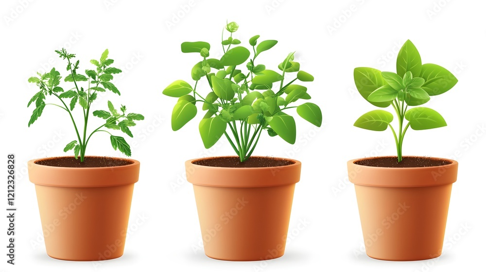 Fototapeta premium Assortment of Potted Plants in Terracotta Pots on White Background