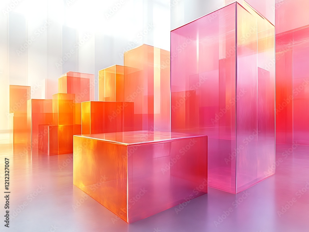 Fototapeta premium Abstract glass cubes, vibrant colors, rising graph.