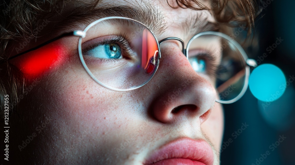Close up Portrait Young Man Glasses Blue Eyes Night Close up Portrait Young Man Glasses Blue Eyes Night