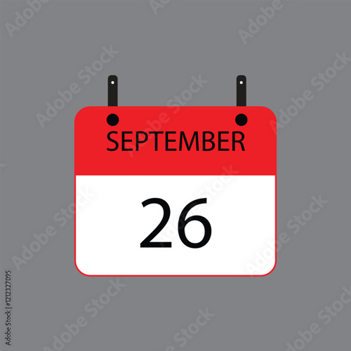 Calendar icon with September 26 date on grey background. Vector schedule symbol.