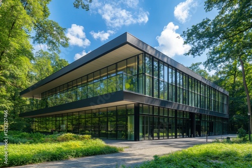 Modern Glass Office Building Surrounded by Lush Greenery and Blue Sky on a Sunny Day
