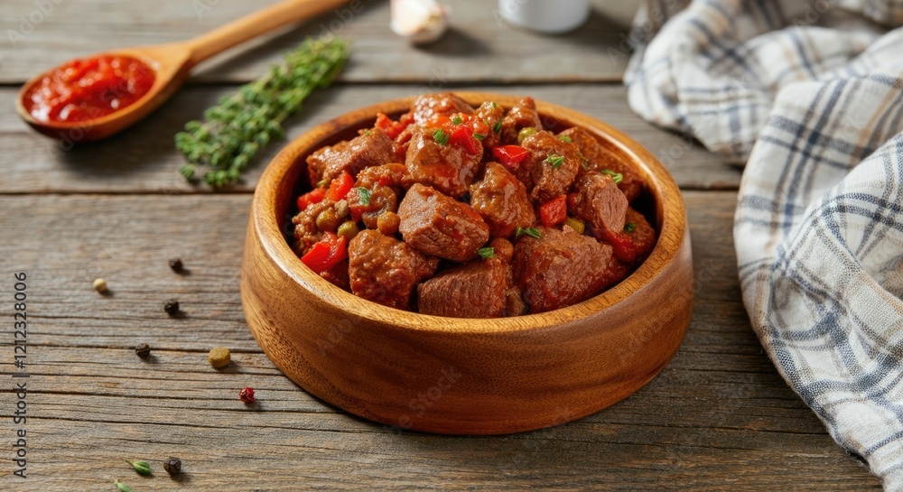 Hearty stew with tender beef chunks, peppers, and herbs in wooden bowl Hearty stew with tender beef chunks, peppers, and herbs in wooden bowl