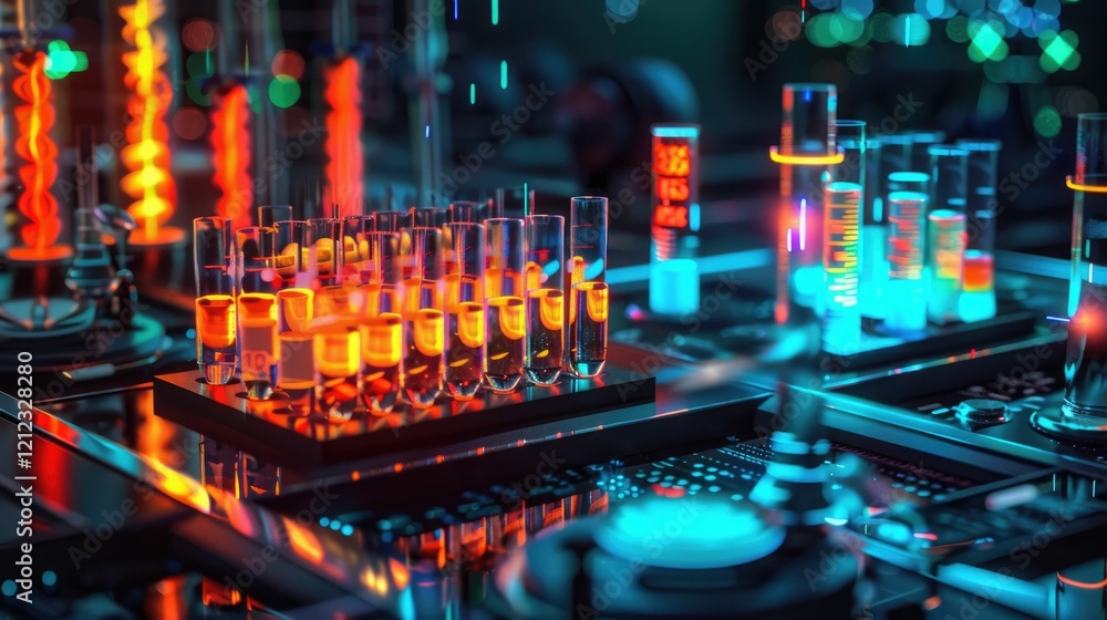 Medical research lab with glowing test tubes and digital charts Medical research lab with glowing test tubes and digital charts
