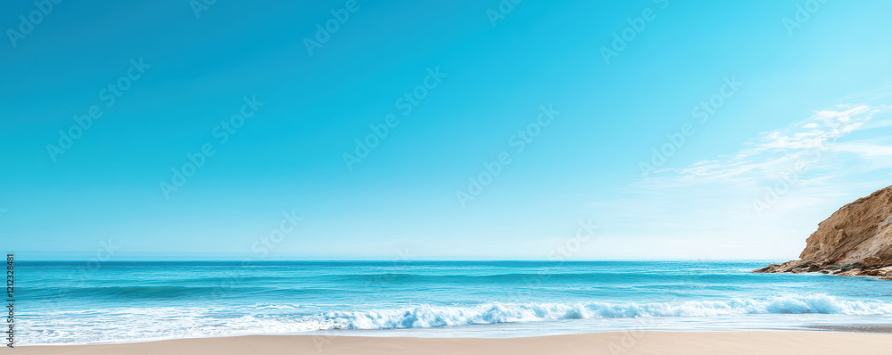 Obraz premium serene cliffside view of vast ocean horizon under soft blue sky. tranquil waves gently lap against sandy shore, creating peaceful atmosphere