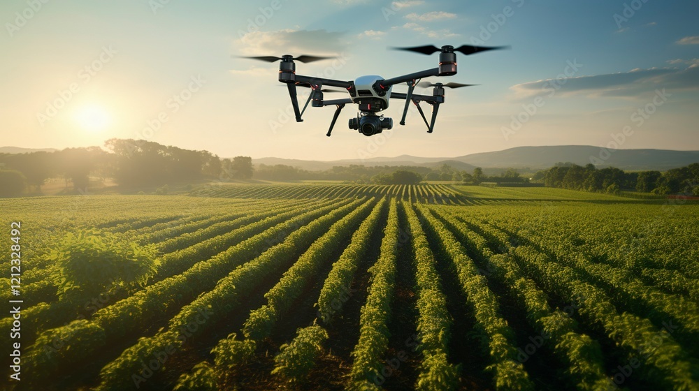 A photo of a drone flying over a smart agricultural A photo of a drone flying over a smart agricultural