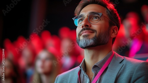 Attentive man at conference, looking up. photo