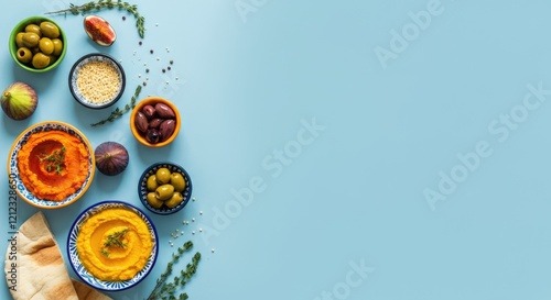 Middle Eastern dips with olives and figs on blue background photo