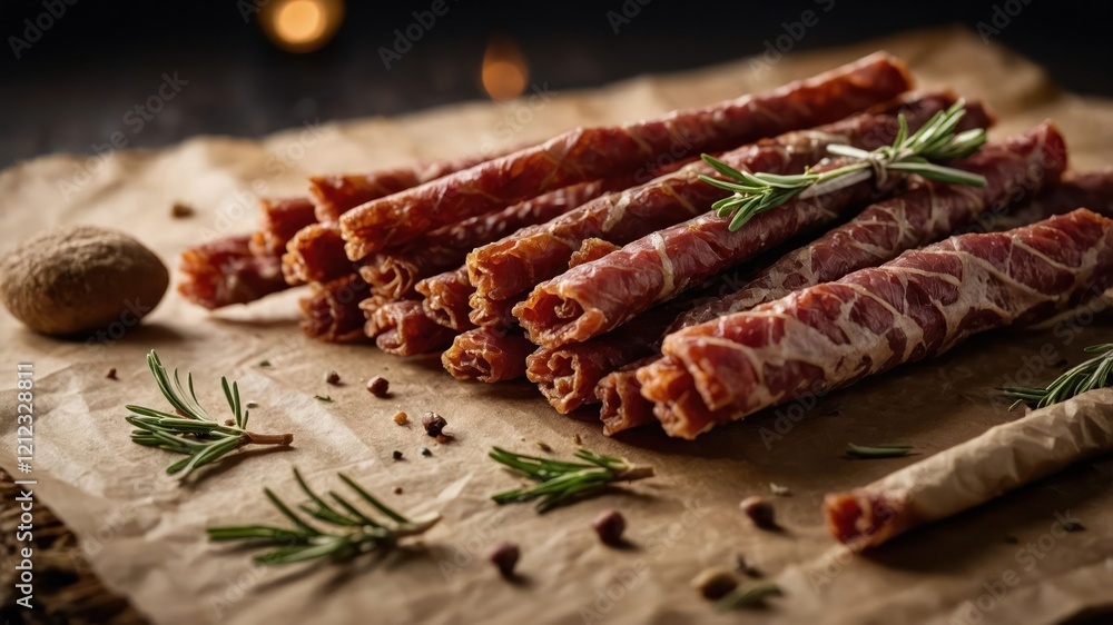 A close-up of rolled meat snacks garnished with herbs on a rustic background. A close-up of rolled meat snacks garnished with herbs on a rustic background.