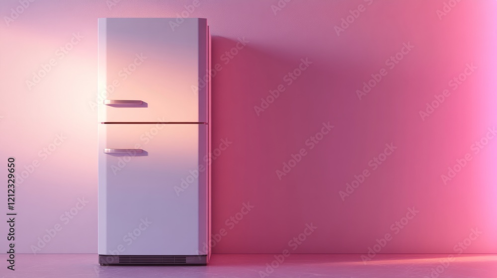 A white modern fridge, with no visible handles, set against a soft muted pink background, with soft 3D lighting effects A white modern fridge, with no visible handles, set against a soft muted pink background, with soft 3D lighting effects
