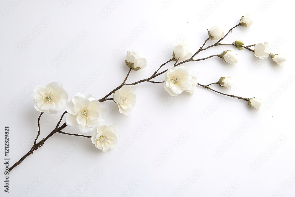 Delicate Snow Peach Branch: Winter Fruit Still Life, Elegant, Pure White Blossom, Isolated, Delicate Snow Peach Branch: Winter Fruit Still Life, Elegant, Pure White Blossom, Isolated,