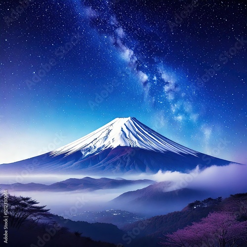 Fictional illustration of Mount Fuji in the mists under a starry sky with vaporwave style