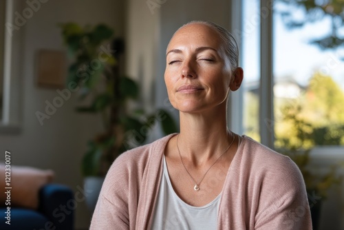 A calm woman with a sleek hairstyle sits peacefully with her eyes closed, fully immersed in meditation. The warm atmosphere enhances her connection to mindfulness and tranquility. photo