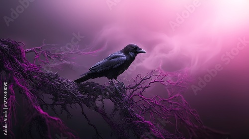 Mystical crow perched on purple branches, foggy background, Halloween imagery, perfect for spooky themes photo