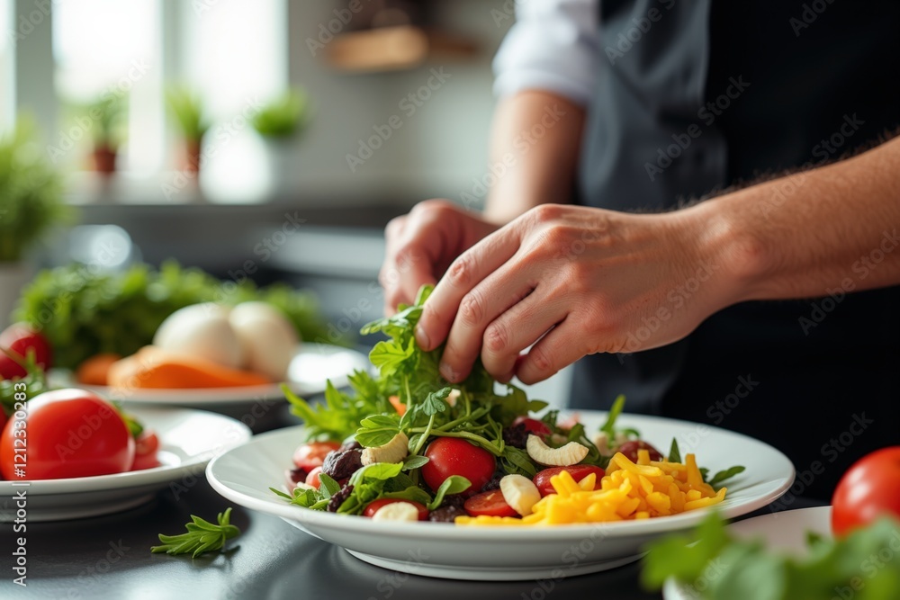 Hand Preparing a Gourmet Salad with Fresh Vegetables, Herbs, and Cheese in a Modern Kitchen, Showcasing Culinary Skills and Fresh Ingredients Hand Preparing a Gourmet Salad with Fresh Vegetables, Herbs, and Cheese in a Modern Kitchen, Showcasing Culinary Skills and Fresh Ingredients