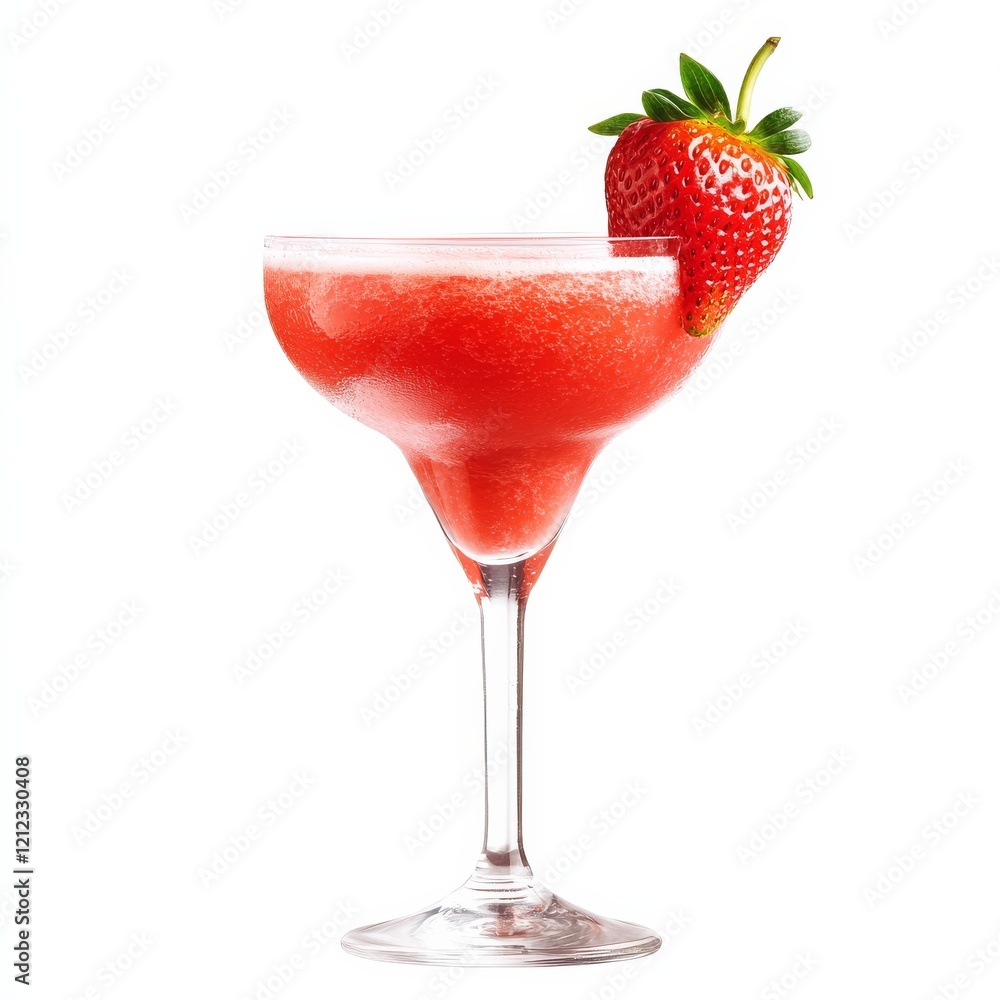A vibrant strawberry daiquiri with strawberry garnish, presented against an isolated white background, chiaroscuro art style A vibrant strawberry daiquiri with strawberry garnish, presented against an isolated white background, chiaroscuro art style