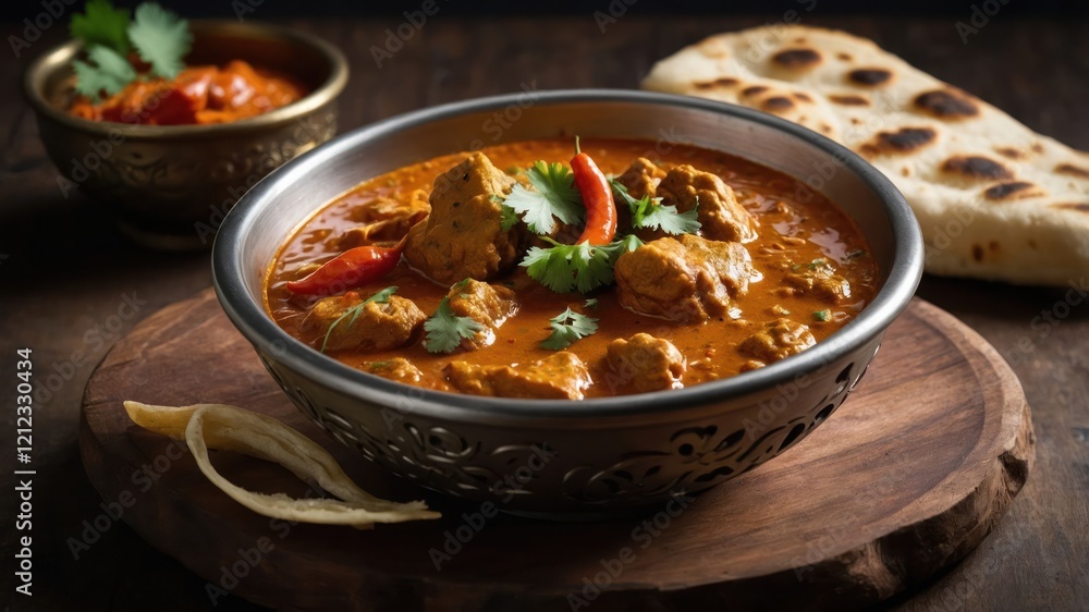 A bowl of rich curry with chicken, garnished with herbs, served with flatbread and sauce. A bowl of rich curry with chicken, garnished with herbs, served with flatbread and sauce.