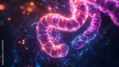 A Vibrant neon human small intestine, brightly shining glowing energy spiral abstract anatomy medical science healthcare biology illustration art photo