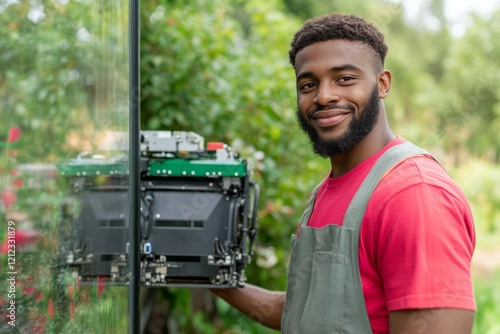 Window cleaner grinning, operating robotic device for washing expansive glass facade amid verdant urban landscape