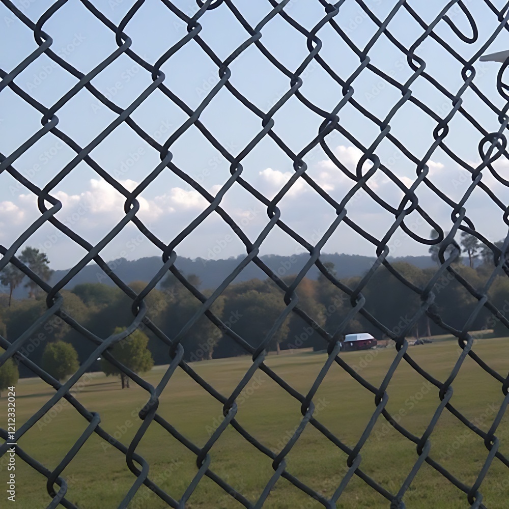 Fototapeta premium Chain Link Fence Landscape: A view of a serene landscape partially obscured by a chain link fence, showcasing a picturesque field, distant hills, and a clear blue sky.