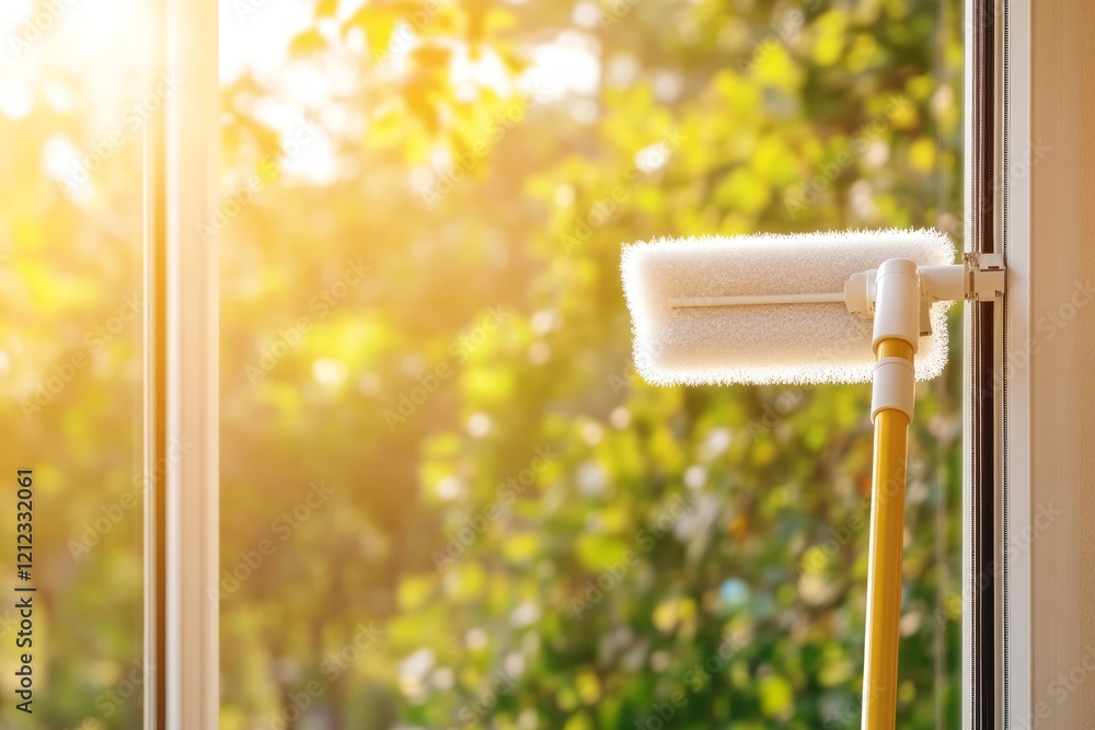 Magnetic window cleaner gliding across large glass surface, sunlight filtering through surrounding trees, highlighting spotless cleaning process