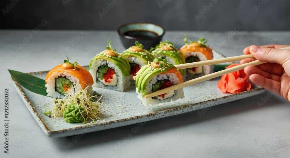 Hand picking sushi with chopsticks from platter soy sauce and wasabi on side Hand picking sushi with chopsticks from platter soy sauce and wasabi on side