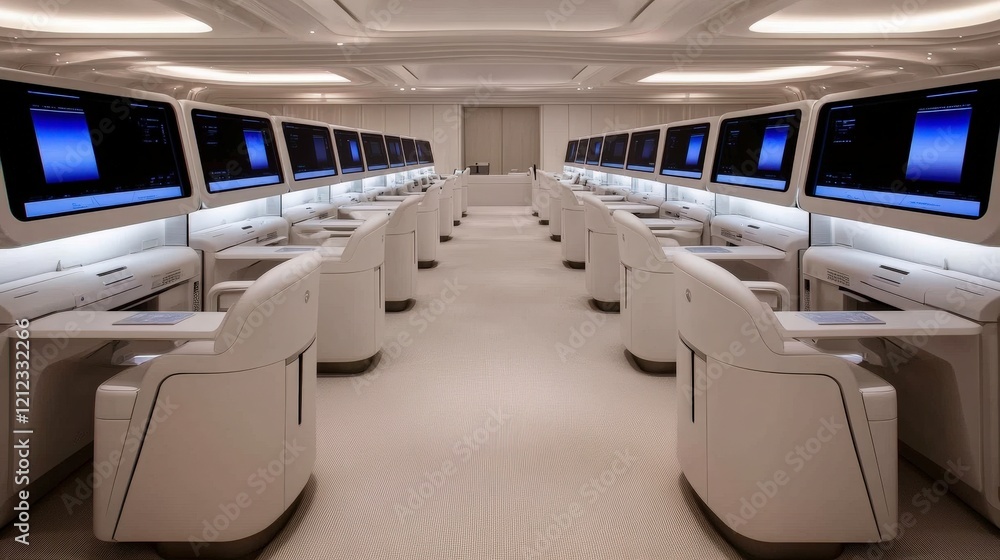 Fototapeta premium Sleek, modern workspace with multiple computer stations for collaborative tasks.