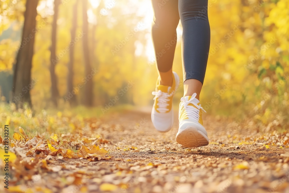 Muscular trail runner wearing bright yellow shoes sprinting through autumn forest, crushing golden leaves underfoot with powerful strides during scenic woodland workout