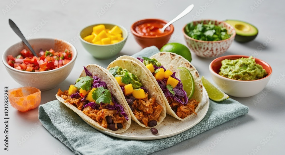 Three tacos with shredded meat, toppings, and various colorful side dishes Three tacos with shredded meat, toppings, and various colorful side dishes