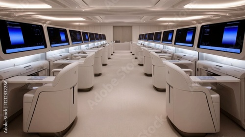 Sleek, modern workspace with multiple computer stations for collaborative tasks.