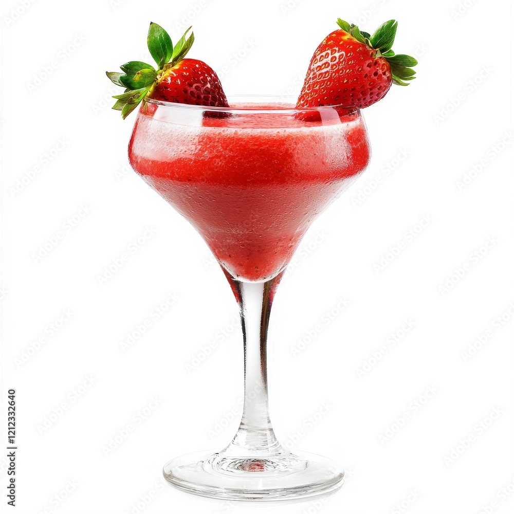 A vibrant strawberry daiquiri with strawberry garnish, presented against an isolated white background, chiaroscuro art style A vibrant strawberry daiquiri with strawberry garnish, presented against an isolated white background, chiaroscuro art style