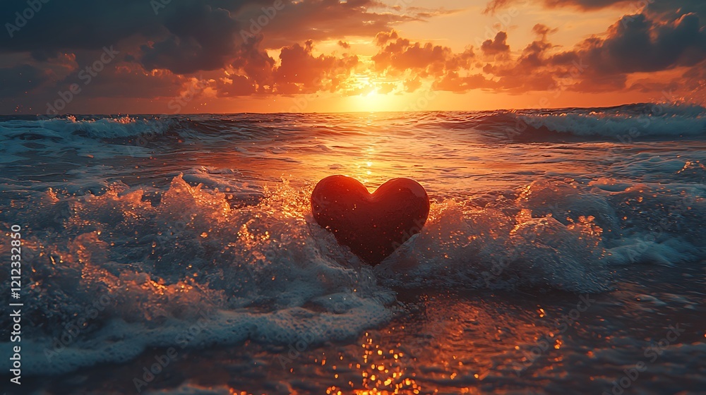 Fototapeta premium Sunset Ocean Waves Heart Love Romance