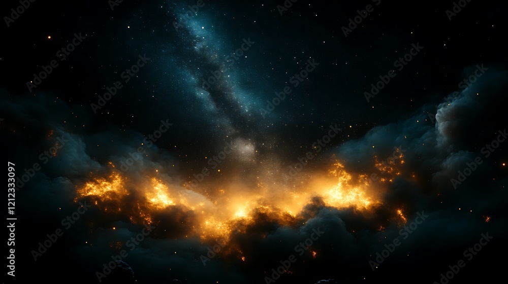 Obraz premium Celestial Firestorm A Fiery Nebula Under Starlit Skies