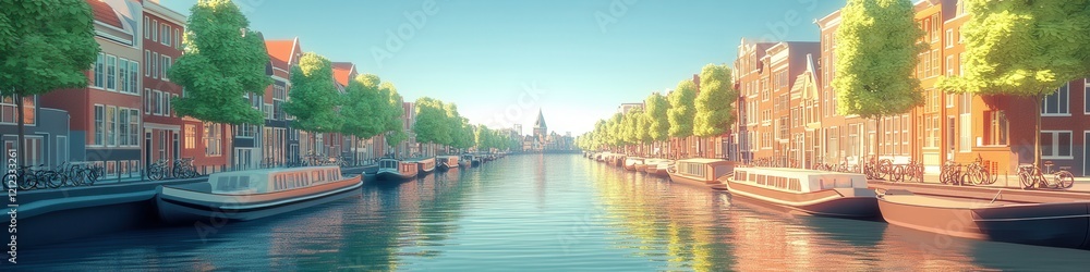Naklejka premium Amsterdam Canals, tranquil waterways lined with charming houseboats and bicycles, a picturesque scene of urban harmony and culture.