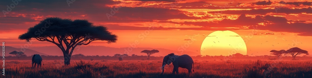 Fototapeta premium Kenyan savannah at sunset, elephants grazing peacefully, acacia trees silhouetted against a vibrant sky, tranquil and harmonious scene