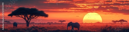 Kenyan savannah at sunset  elephants grazing peacefully  acacia trees silhouetted against a vibrant sky  tranquil and harmonious scene