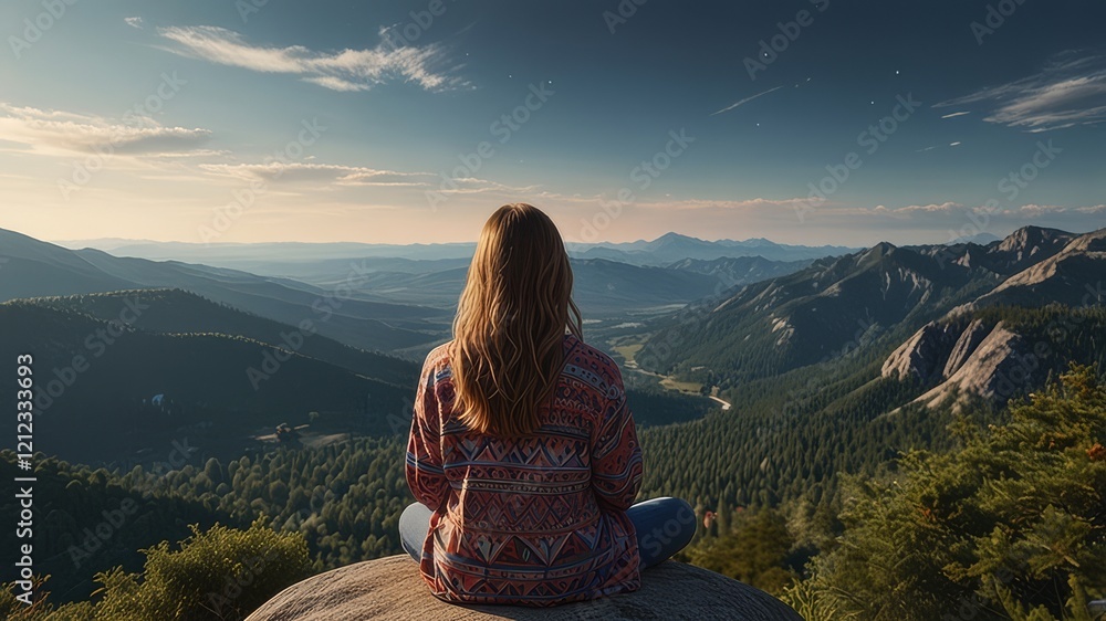 Back view of unrecognizable girl delving into the beauty of mountain meditation - Generative AI Back view of unrecognizable girl delving into the beauty of mountain meditation - Generative AI