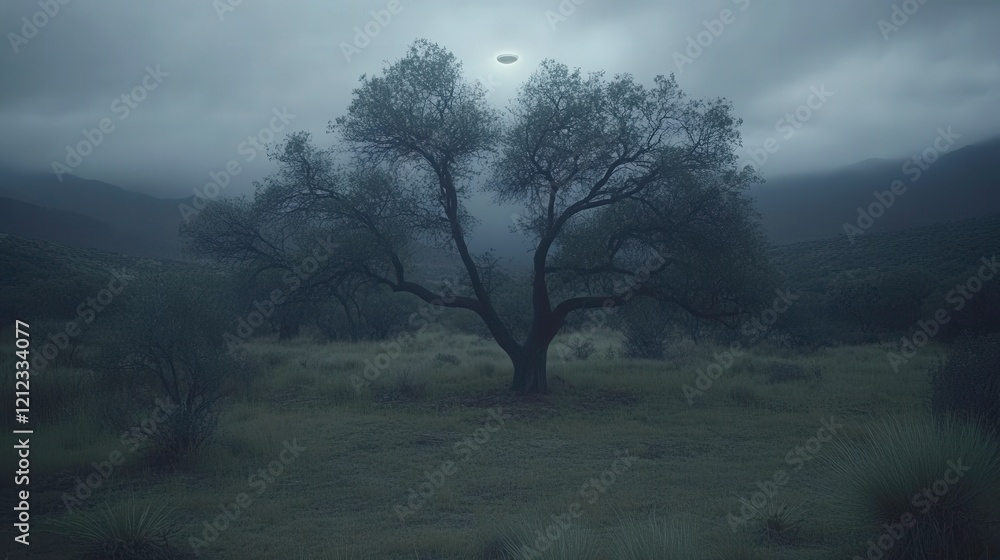 A solitary tree under a cloudy sky with a mysterious object hovering above. A solitary tree under a cloudy sky with a mysterious object hovering above.
