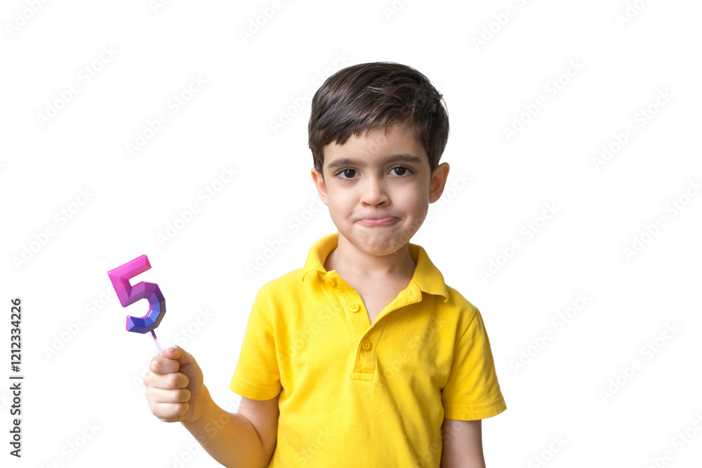 Portrait of happy five-year-old child with candle number five. Celebrate 5th Happy birthday. Party. Portrait of happy five-year-old child with candle number five. Celebrate 5th Happy birthday. Party.