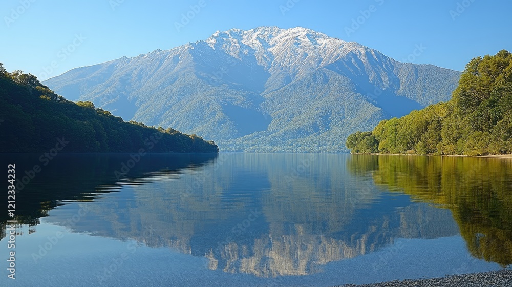 A breathtaking mountain range covered in snow, reflecting in the calm waters of a lake at sunrise. A breathtaking mountain range covered in snow, reflecting in the calm waters of a lake at sunrise.