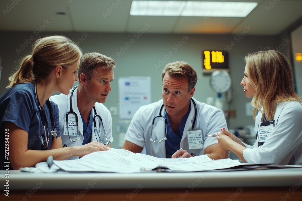 Obraz premium Healthcare professionals coordinate patient care at nursing station in hospital