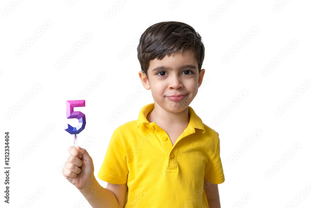Portrait of happy five-year-old child with candle number five. Celebrate 5th Happy birthday. Party. Portrait of happy five-year-old child with candle number five. Celebrate 5th Happy birthday. Party.