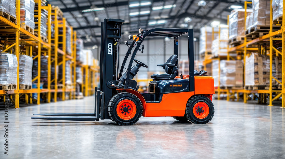forklift lifting heavy pallets in warehouse with organized shelves forklift lifting heavy pallets in warehouse with organized shelves